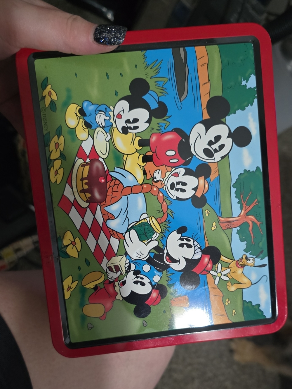 1997 Disney Red Metal Mickey Mouse Picnic Tin Lunchbox with Colorful Cartoon Art